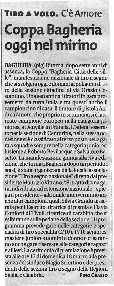 Ritaglio stampa: Coppa Bagheria oggi nel mirino