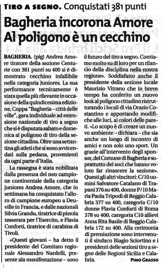 Ritaglio stampa: Bagheria incorona Amore. Al poligono è un cecchino